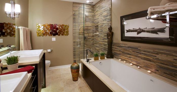 Spa bathroom in brown tones with separate bath and shower