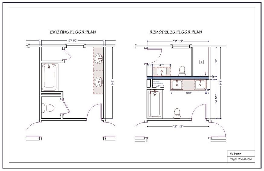 Floor plans to turn one bathroom into two bathrooms