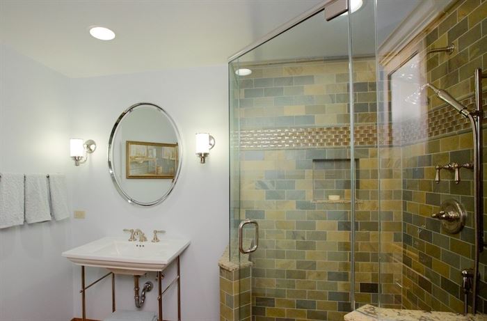 Bathroom with walk-in shower and semi-frameless shower doors